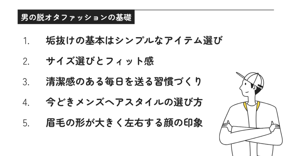 垢抜けの基本はシンプルなアイテム選び 男の脱オタファッションの基礎 サイズ選びとフィット感 清潔感のある毎日を送る習慣づくり 今どきメンズヘアスタイルの選び方 眉毛の形が大きく左右する顔の印象 垢抜けの基本はシンプルなアイテム選び
男の脱オタファッションの基礎
サイズ選びとフィット感
清潔感のある毎日を送る習慣づくり
今どきメンズヘアスタイルの選び方
眉毛の形が大きく左右する顔の印象